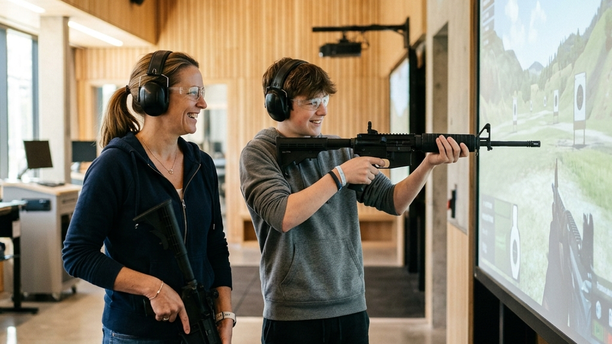 Beginners using a virtual shooting simulator at a destination range